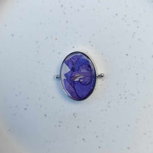 Load image into Gallery viewer, Purple Larkspur Petals in Silver Deep Well Oval