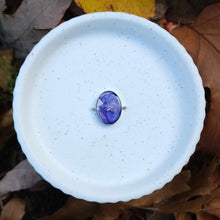 Load image into Gallery viewer, Purple Larkspur Petals in Silver Deep Well Oval
