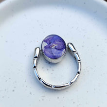 Load image into Gallery viewer, Purple Larkspur Petals in Silver Deep Well Oval
