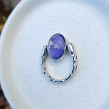 Load image into Gallery viewer, Purple Larkspur Petals in Silver Deep Well Oval