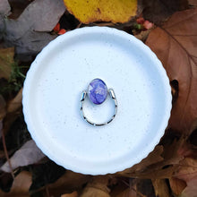 Load image into Gallery viewer, Purple Larkspur Petals in Silver Deep Well Oval