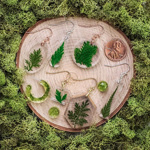 Load image into Gallery viewer, Comparison of all Into the Forest earrings to show sizes and finishes